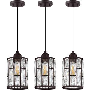 3 Pack 1 Light 5.4" Crystal Shade Hanging Kitchen Island Pendant Light Black Finish,Modern Pendant Fixture with Crystal Metal Shade for Bar,Dining Room,Living Room Over Sink (Oil-Rubbed Bronze)