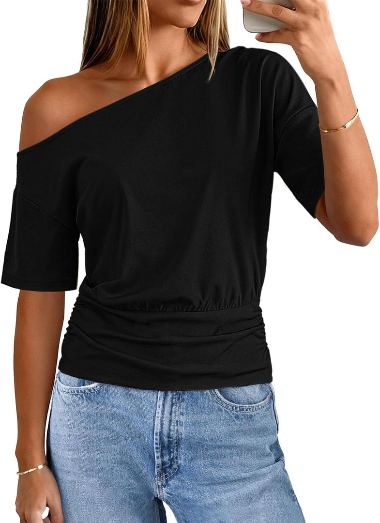 MEROKEETY Women's Off The Shoulder Short Sleeve Tops 2026 Summer Casual Going Out Trendy Y2k T Shirts (Black, XL)