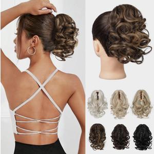 REECHO Ponytail Extension, 9" Claw Clip in Short Curly Wavy Pony Hair Extension Jaw Clip on Pony Tail HP001 Hairpiece for Women - Chestnut Brown with Golden Highlights