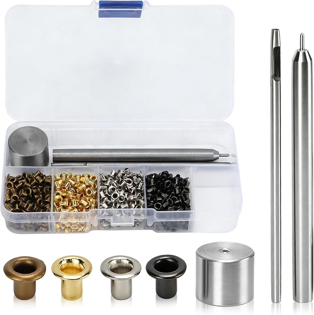 Mini Grommets, 2mm Plated Copper Metal Grommet Kit Eyelet Washers Fastener Set with Plastic Storage Box for Clothes Shoes Bag Paper Leather Crafts DIY Projects