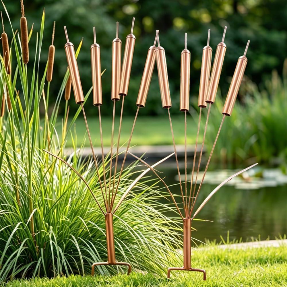 2 PCS Cattail Wind Chimes Copper, H50cm Copper Garden Decor, Coppe-r Garden Stakes Decorative, Cop-per Wind Chimes for Gar-den Patio Lawn Path