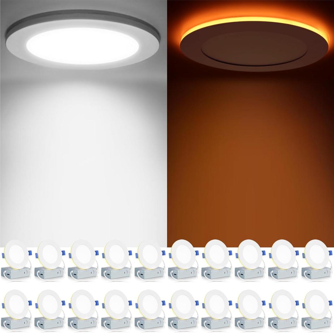 Meconard 20 Pack 4 Inch 5CCT LED Recessed Ceiling Light with Night Light, 2700K/3000K/3500K/4000K/5000K Selectable Ultra-Thin Lighting, 9W=75W, 750LM, Dimmable Canless Wafer Downlight ETL&FCC