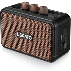 LEKATO Mini Guitar Amplifier, Dual Speakers 5W, Rechargeable Electric Guitar Amp Bluetooth with Clean Overdrive, 6H Working, Headphone Jack, Portable Small Amp for Practice AG-04 (Brown)