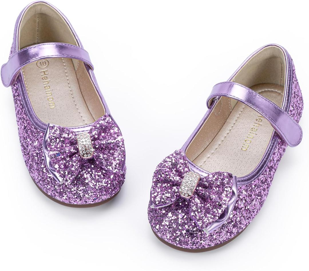 Hehainom Girls Dress Shoes Toddler Little Kid Rainestone Bow Flower Girl Shoes School Wedding Party Flats (Purple Sequin, 10 Toddler)