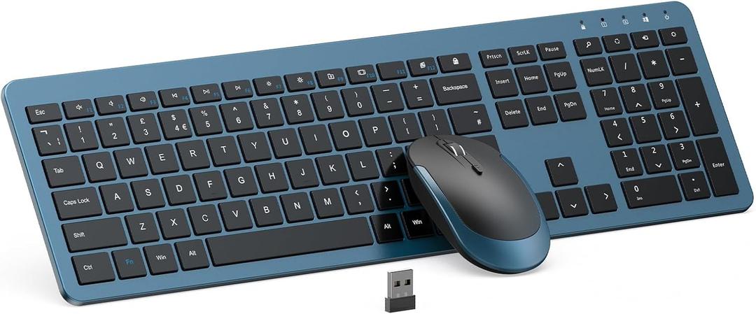 Wireless Keyboard and Mouse Combo - Full Size Slim Thin Wireless Keyboard Mouse with Numeric Keypad 2.4G Stable Connection Adjustable DPI, Black & Blue