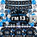 13th Birthday Decorations for Boys, 37Pcs 13 Birthday Boy Decorations Official Teenager Banner Backdrop, Happy 13th Birthday Tablecloth, 13 Year Old Boy Birthday Balloons Hanging Swirls Cake Toppers