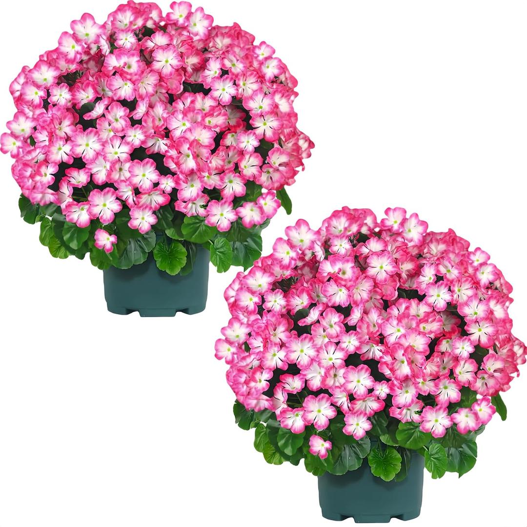 QIANYUN Artificial Geranium Bush  20 Inch Outdoor Potted Artificial Plant for Front Porch, UV Resistant Faux Flower Bush for Garden, Yard & Patio Decor (2 Pack) (White-pink)