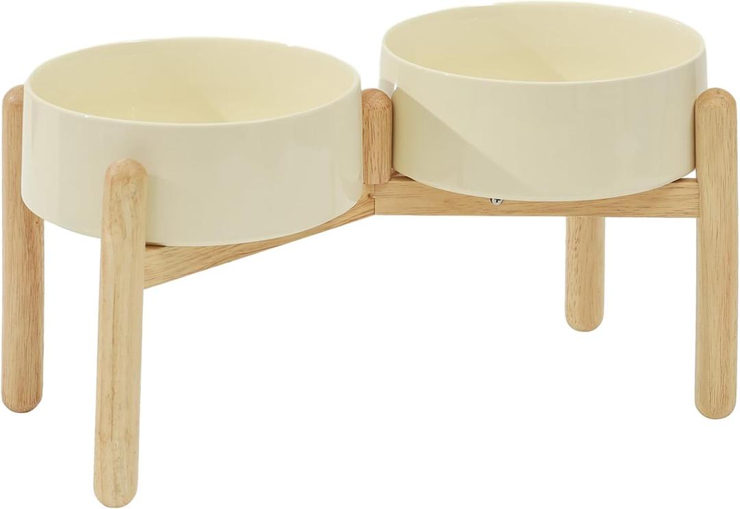 Havniva 8.3inch Ceramic Raised Dog Bowl with Stand, Double Dog Bowls Elevated for Large Breed Dog Food and Water Bowl Set Non-Slip Dog Dish Large Capacity Feeding Pet Water Bowl (2 Bowls+Stand - Light Yellow)