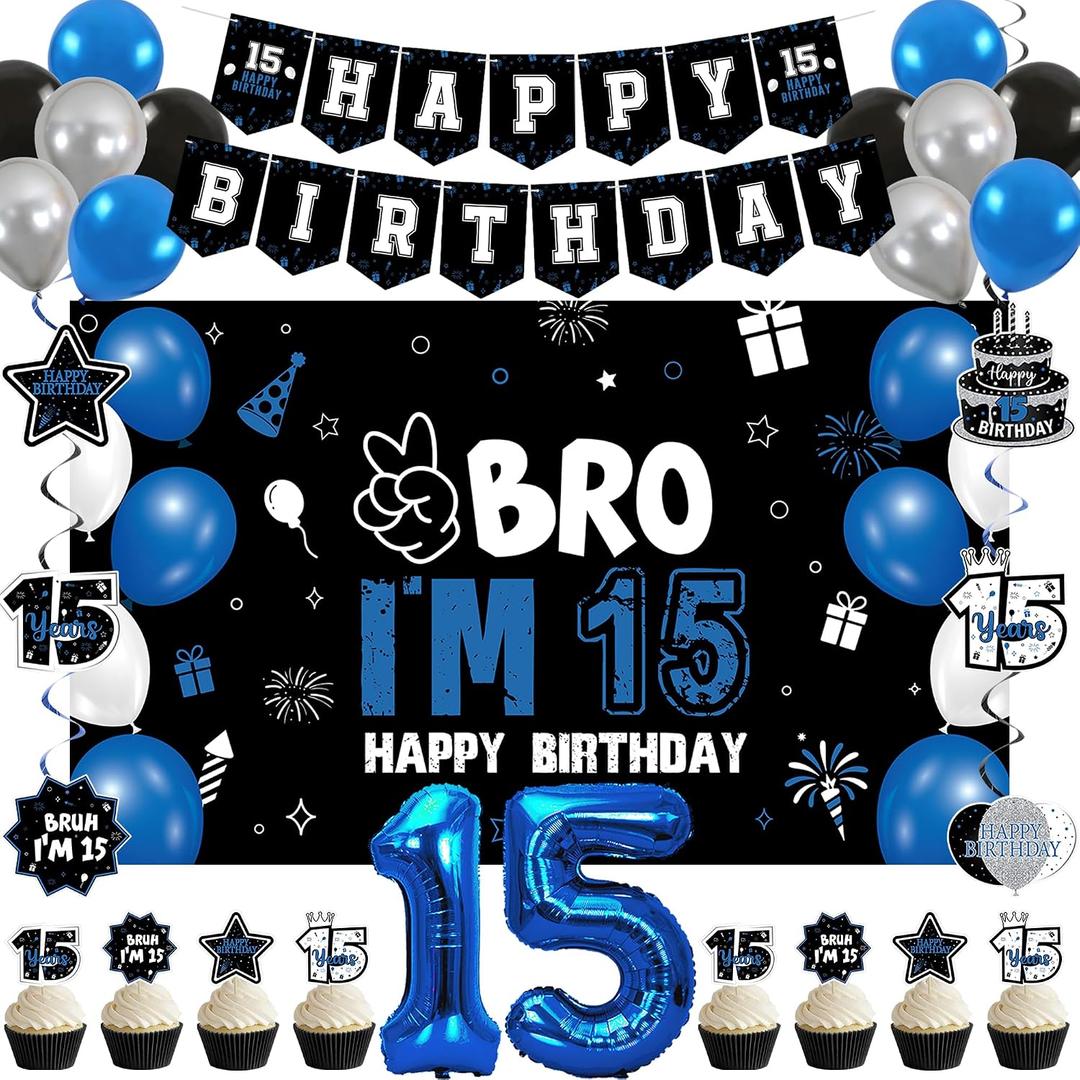 Vlipoeasn 15th Birthday Decorations Set for Boys Girls, 35PCS Black Blue 15 Year Old Birthday Backdrop Banner, Black Blue Bruh I'm 15 Party Supplies