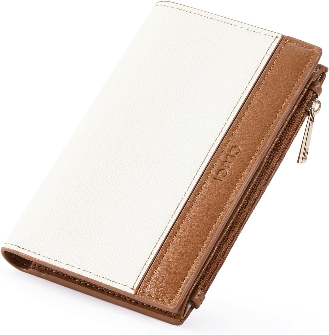 CLUCI RFID Wallet Women PU Leather Small Women Wallet Blocking Bifold Ladies Wallet Credit Card Holder Beige with Brown