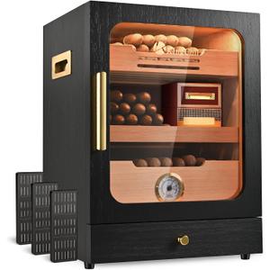 Cigar Humidor, Light Control System with Spanish Cedar Wood Drawer, Hygrometer, 3 Humidifiers and Cigar Accessories Drawer, for Men, Holds 100 Cigars (Black)