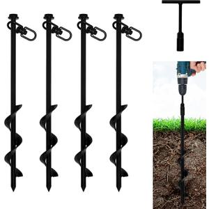 VASGOR 12 Ground Anchors (4pcs) Easy to Use with Drill, 10mm Diameter, Heavy Duty Anchor Hook for Camping Tent, Canopies, Car Ports, Sheds, Swing Sets, Securing Animals  Black Powder Coated