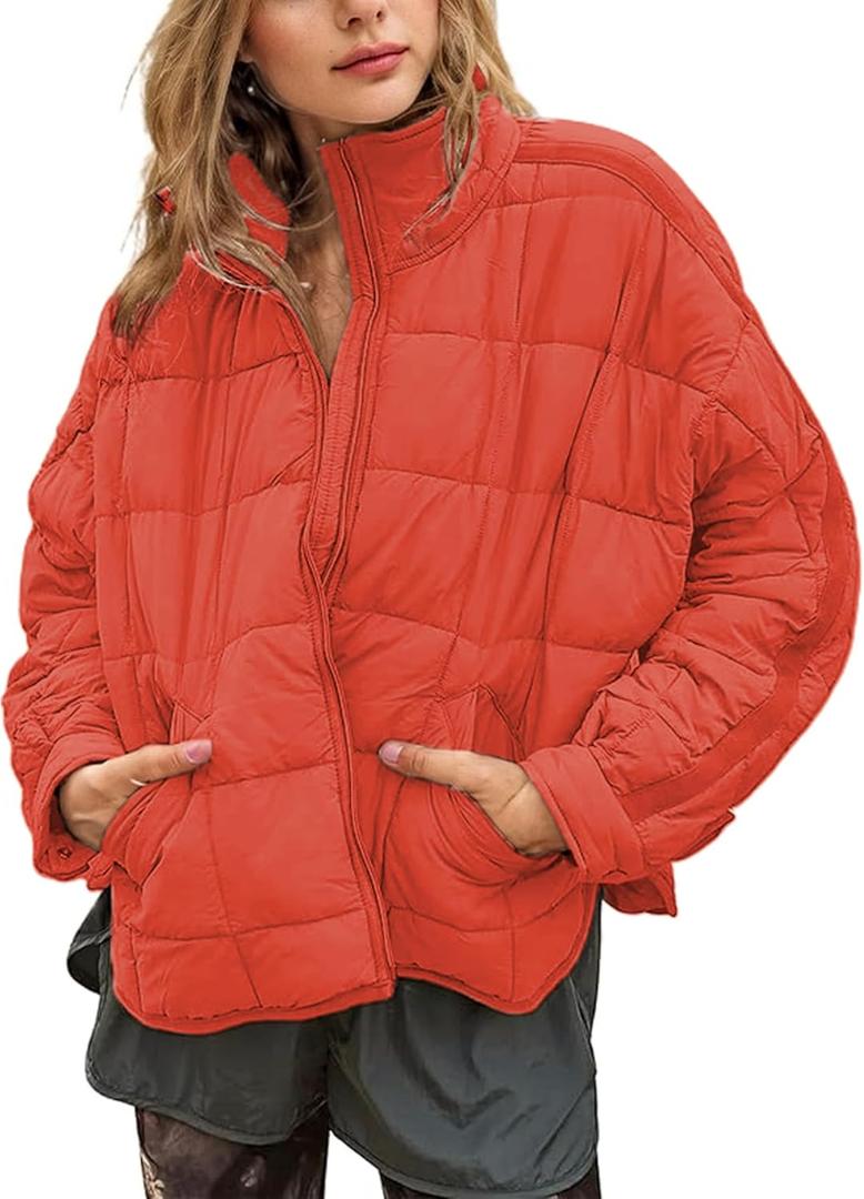 Omoone Women's Quilted Puffer Jacket Zip Up Oversized Lightweight Padded Down Coat Outerwear (Medium, Orange Red)