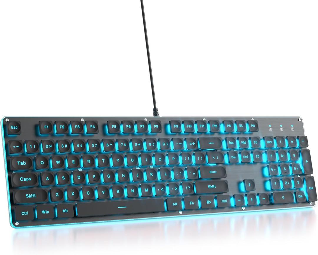 Typewriter Keyboard 104-key Black Square Punk Gaming Keyboard LED Ice Blue Backlit Cute Keyboard with Wired USB Suitable for PC/Win/Mac/LaptopG1000/Black