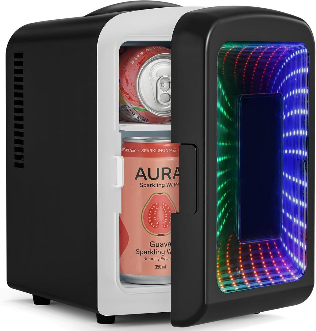 Antarctic Star Mini Fridge 4 Liter/6 Cans Portable Mini Compact Refrigerator with Gaming Light, for Bedroom,Car,Office and Dorm, Small Cooler for Cosmetics, Beverage and Food, Black