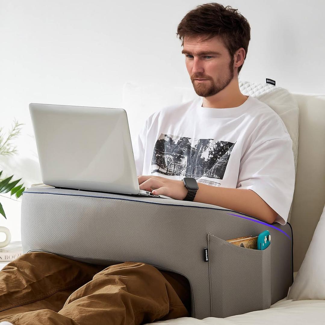 Soft Lap Desk Pillow for Adult, Extra Large Reading Pillow with Pocket, Arm Rest Pillow, Memory Foam Bed Rest Pillow can Reading, Working in Bed Floor Sofa (Grey) (Gray)
