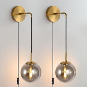 Wall Sconces Set of Two Plug in Wall Sconces  with Globe Smoke Grey Glass Shade Wall Lamp with Cord Wall Sconce Plug in Brushed Brass Gold Plug in Wall Sconces Set of 2 Plug in Wall Light Sconce
