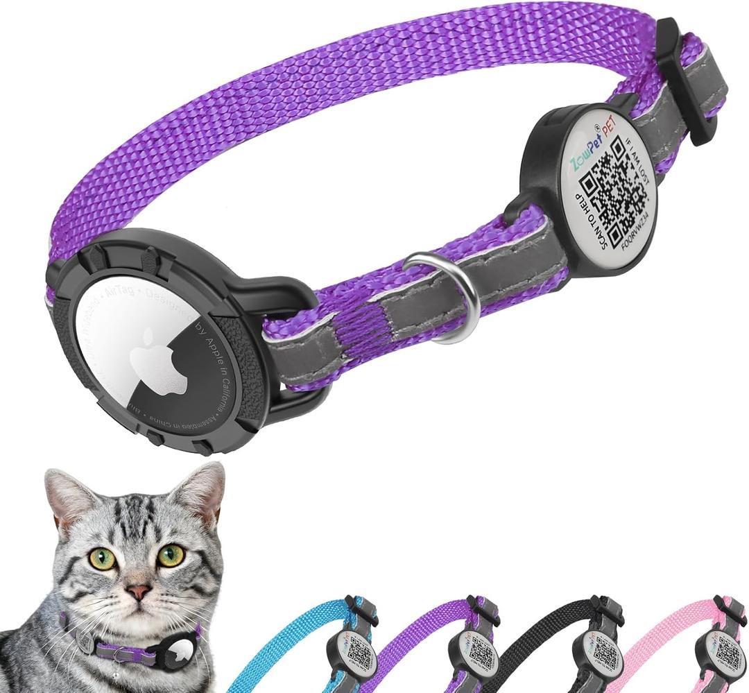 Airtag Cat Collar Breakaway with QR Code Name Tag, Reflective cat Collar airtag Holder with Bell, Cat ID Tag Personalized, Ultra-Durable, Adjustable, Quick Release, Fits Small Large Cats,Purple