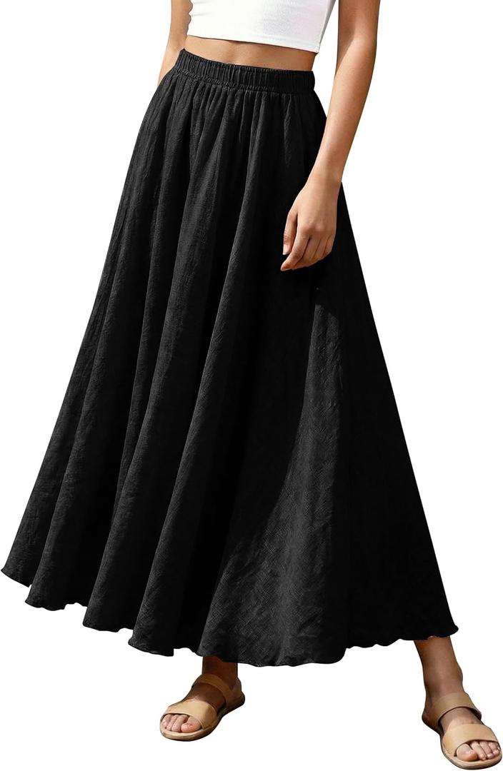 Ezcosplay Women Bohemian Beach A-Line Dress Double Layer Elastic Waist Long Maxi Skirt (Black)