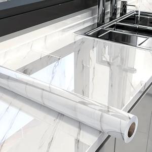 Glossy Marble Contact Paper White Peel and Stick Wallpaper Marble Wallpaper Self-Adhesive Removable 23.6"x197" Wall Paper for Cabinets Bathroom Waterproof Wallpapers Modern Decorative