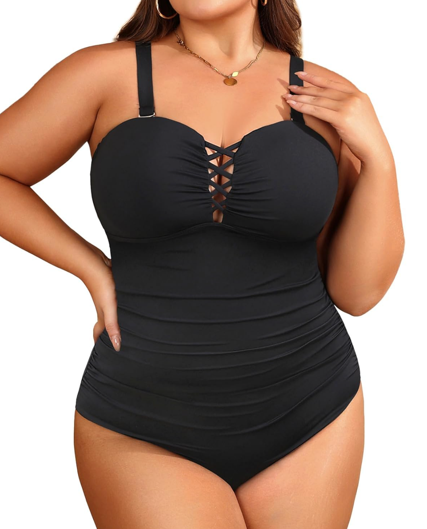 Women Plus Size One Piece Swimsuit - Tummy Control Bathing Suits Ruched Lace up Swimwear Bandeau Retro Swimsuits 2025, Size L