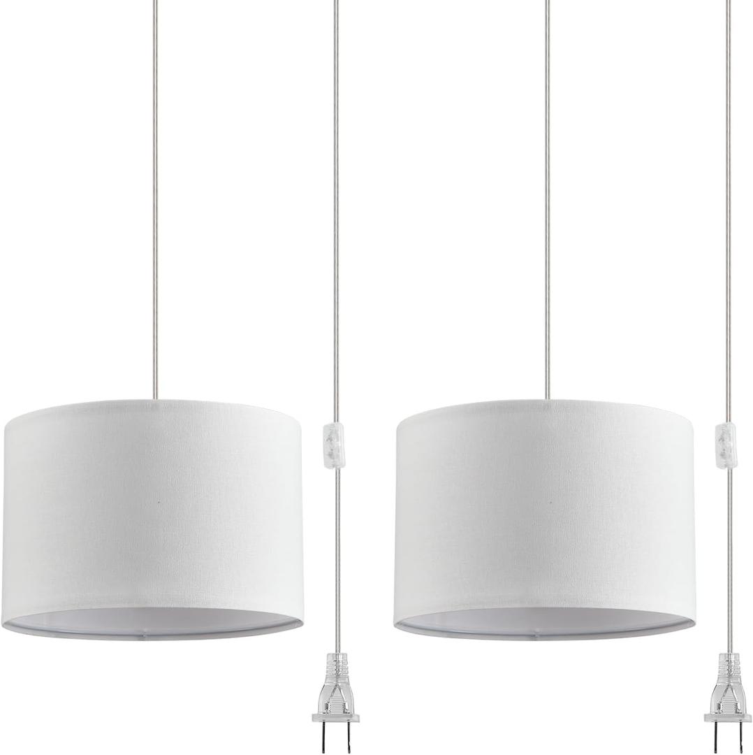 2 Pack Plug in Pendant Light, Hanging Light with 15Ft Clear Cord, On/Off Switch, White Fabric Lamp Shade, Hanging Light Fixture for Bedroom, Kitchen,