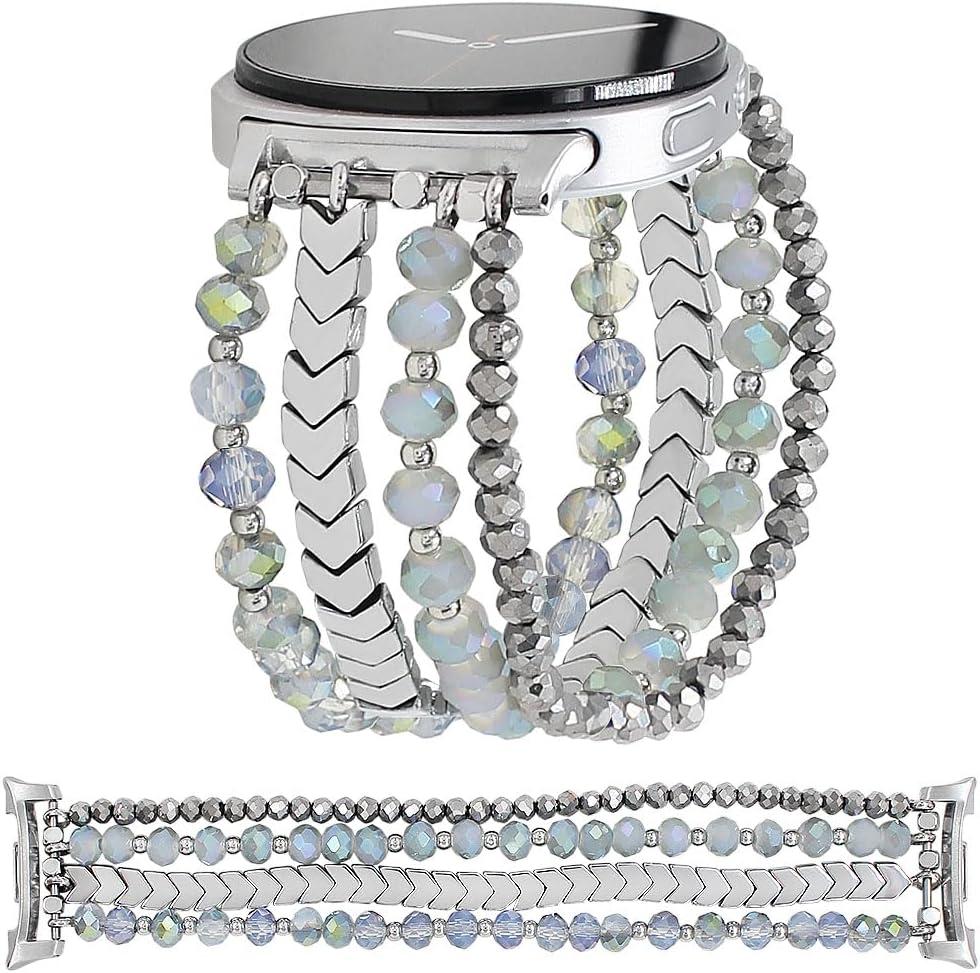 WONMILLE Beaded Bracelet Compatible with Samsung Galaxy Watch 8 Band 40mm/44mm Watch8 Classic 46mm, Elastic Stretch Women Strap for Galaxy Watch 8/8 Classic Bands (S(5.2"5.9"), Blue/Silver)