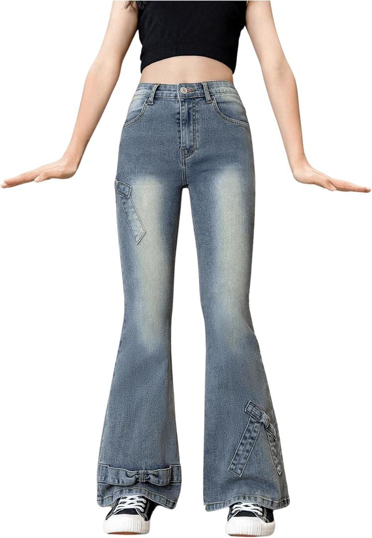 Floerns Girl's Bowknot High Waisted Bell Bottom Jeans Flare Leg Y2k Denim Pants Medium Wash 9Y