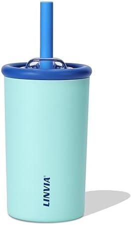 LINVIA Candy Tumbler, 12 oz Kids Insulated Stainless Steel Water Bottle with Spill Resistant Silicone-Metal Straw and 2-in-1 Lid, BPA-Free, Cup Holder Friendly, Dishwasher Safe, Teal
