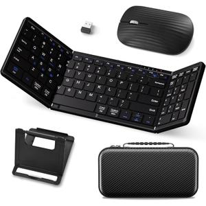 Foldable Keyboard and Mouse, USB-C Rechargeable Folding Wireless Bluetooth Keyboard Combo, Full-Size Portable Travel Keyboard & Mouse for Business Travel, Compatible with Laptop iPad Tablet