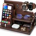 TESLYAR Wood Phone Docking Station for Men - Desk or Nightstand Organizer - Birthday Gifts for Husband, Dad - Anniversary Idea from Wife - Key Holder, Stand Wallet, Watch & Essentials (Bourbon Brown)