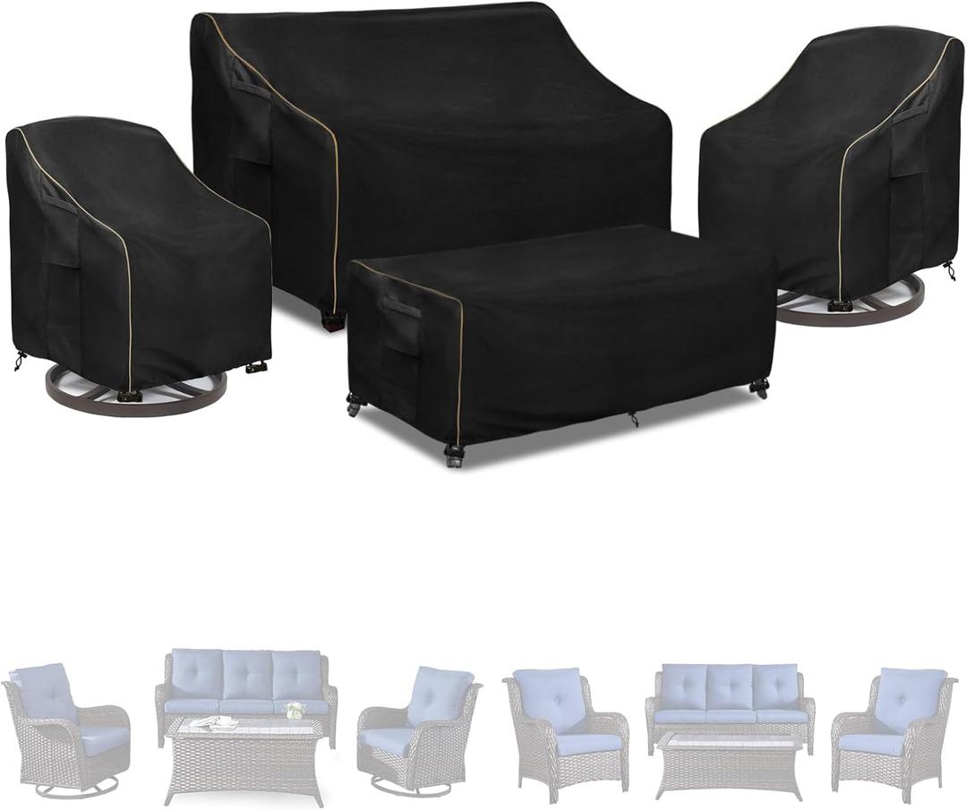 Patio Furniture Covers 4 Piece Set, 600D Heavy Duty Outdoor Furniture Covers Waterproof for Patio 3-Seater Sofa,Swivel Rocker Chair and Coffee Table Furniture Set,Black