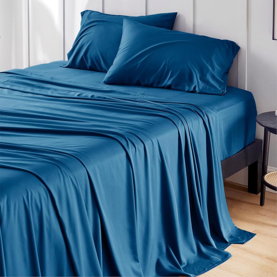 Bedsure Queen Sheet Set, Rayon Derived from Bamboo, Cooling Sheets, Deep Pocket Up to 16", PureWoven, Breathable & Soft, Hotel Luxury Silky Bedding for Hot Sleepers, Teal
