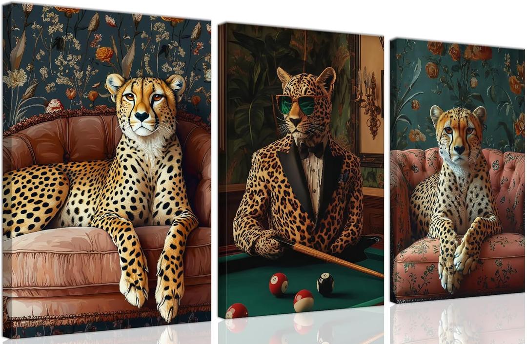 Cheetah Wall Art Set of 3Cool Animal Canvas Poster Prints with Stylish Leopard in Suit and Lounge DcorSafari Animal Artwork Painting for Living Room,Office,Game Room,Bar, Bachelor Pad,Framed16x24in