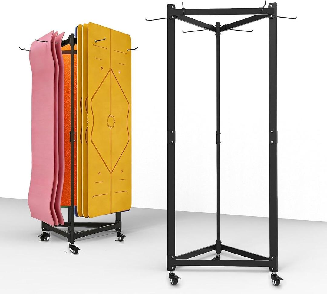 Hanging Yoga Mat Holder, Metal Double Sided Yoga Mats Storage Cart on Wheels, Floor Standing Pilates Mat Rack for Home Gym, Exercise, Yoga Studio, with Punching Tool