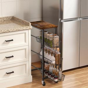 Slim Rolling Cart, 4-Tier Storage Cart, 9.1inch Narrow Kitchen Rolling Cart on Wheels for Small Space, Utility Cart Shelving Unit with Wooden Top and Metal Handle for Kitchen, Bathroom, Laundry Room,4 Tiers (9.1"D x 30.3"H)
