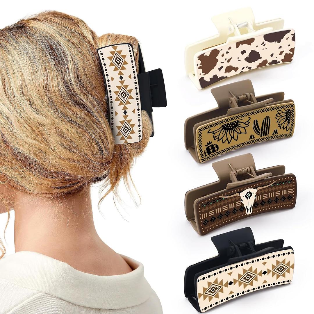 Western Leather Hair Claw Clips Sunflower Floral Square Claw Clips for Hairstyling Southwest Cow Print Cowhide Hair Accessories Large Aesthetic Western Cowgirl Stuff Gift for Women Girls