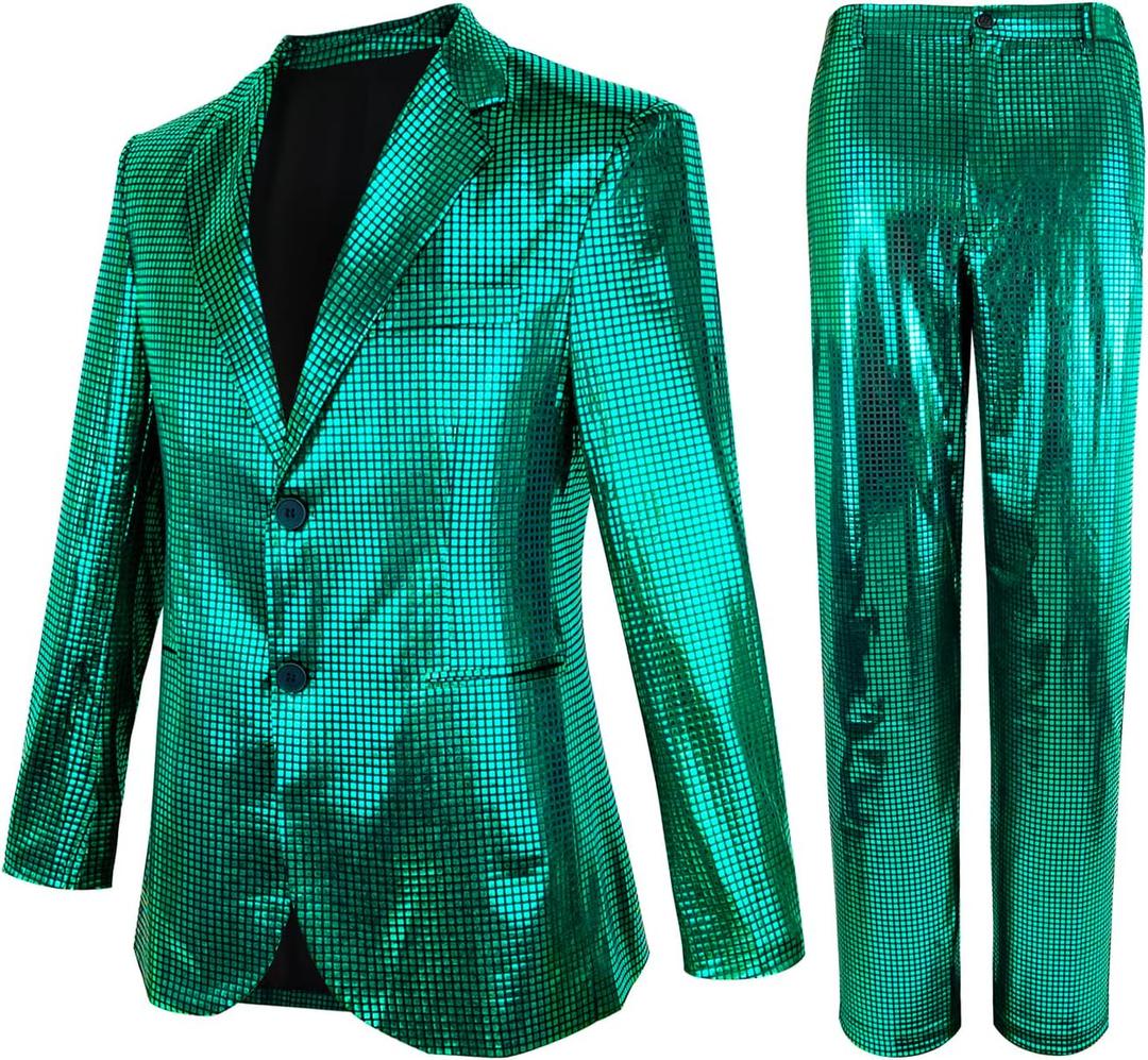 Nawgut Sequin Blazer Metallic Slim Suit 2 Piece Set Disco Prom Shiny Outfit Wedding Party Banquet Fashion Jacket Pant for Mens Adult-X-Large