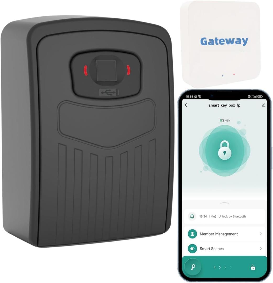 Fingerprint Smart Key Lock Box for Outside, Remote Access Wireless Key Box Operate on iOS/Android APP with WiFi Gateway, Large Capacity Bluetooth Key Safe Box