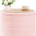 B FSOBEIIALEO Ottoman with Stroage, Round Sherpa Storage Ottoman Stool, Boucle Foot Rest22 x 22"x15.75" (Pink