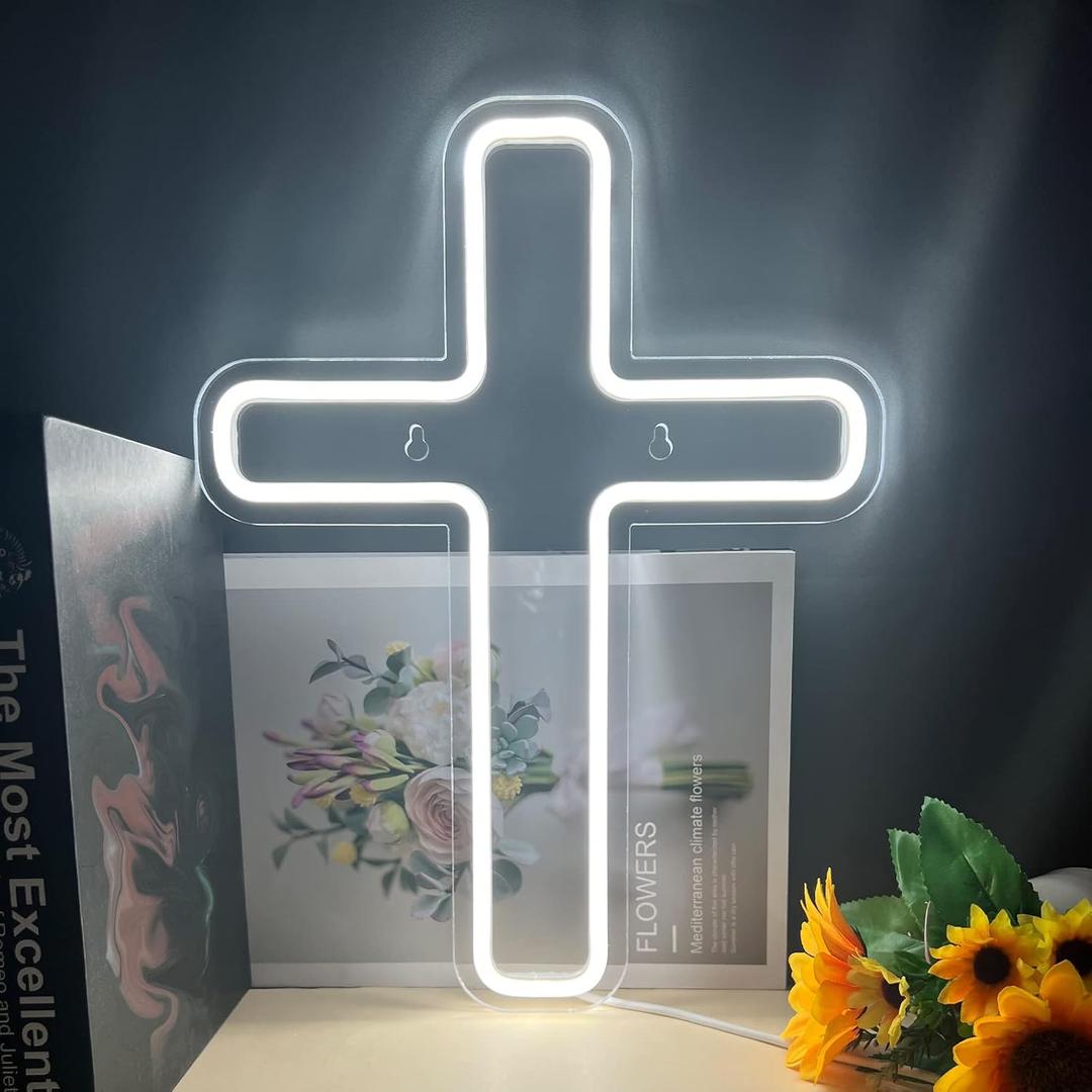 Jesus Christ Cross Neon Signs, Cross Jesus Neon Sign Light Home Decoration, Wall Mounted God Holy Jesus Crosses for Home Weddings Party Meditation Easter Present Decoration White