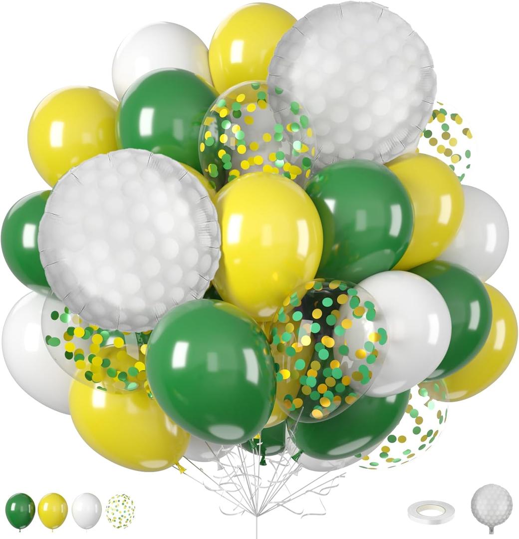 Golf Balloons, 12 Inch Green and Yellow Balloons with 18 Inch Golf Ball Foil Balloon White Yellow Green Confetti Latex Balloon for Men Boys Baby Shower Sport Game Theme Birthday Party Decorations