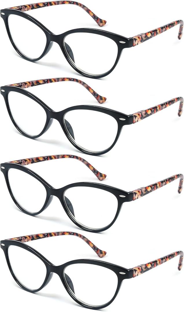 HEEYYOK Women Reading Glasses 4-Pack,Cateye Readers Glasses Small Face Comfort Spring Hinge 3.50, Black