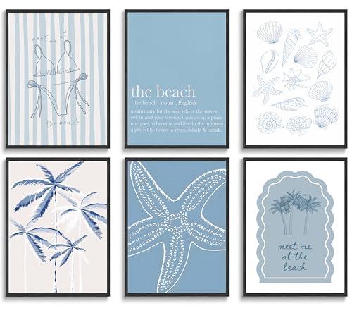 6Pcs Blue Coastal Wall Art Summer Beach Shell Wall Decor Pictures Light Blue Bikini Plant Starfish Posters Canvas Prints for Modern Shoreside Themed Home Decoration Bathroom Room Decoration Unframed