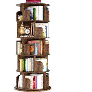 Rotating Bookshelf Tower, 5 Tier Spinning Bookcase, Revolving 360 Book Shelf Narrow Tall Bookcase, Vertical Turning Round Bookshelf Organizer, Corner Book Shelf for Small Space, Rustic Brown