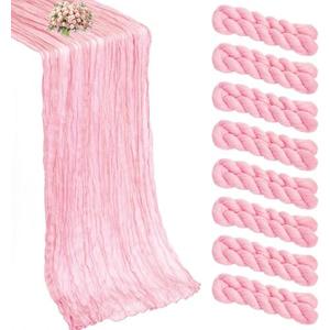 8 Pack Pink Cheesecloth Table Runner 21x120 Inch Boho Gauze Table Runners Rustic Light Pink Table Runner for Wedding Birthday Party Baby Shower Centerpiece Valentine's Day Home Decorations