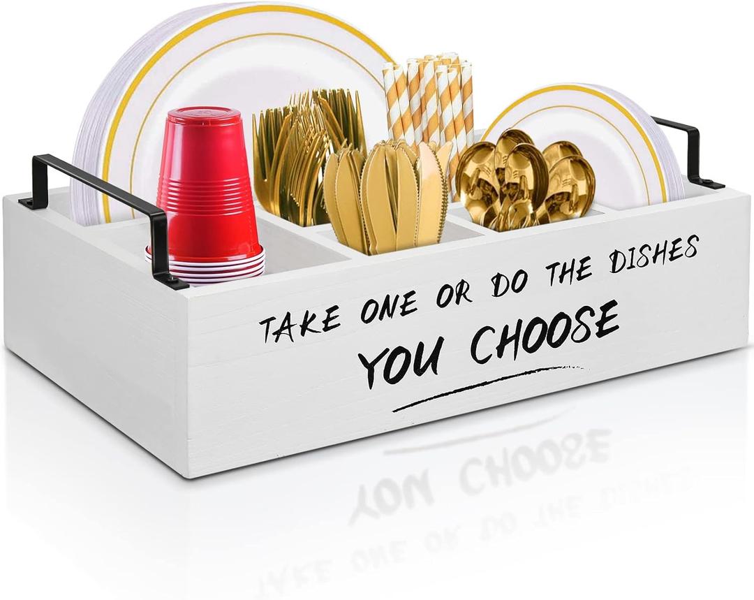 Ameuphercy Wood Paper Plate Holders for Kitchen Counter, Paper Plate Dispenser for Countertop, Rustic Silverware Utensil Caddy for Party, Wooden Plate Organizer Box for Cups Spoons and Forks (White)