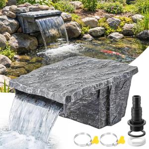 Pond Waterfall Spillway with Cover, 8 inch Wide Weir, Fake Rock Waterfalls Spillway Kit for Outdoor Pond Garden Water Features, Includes Waterfall Box, Rock Lid, Barb Adaptor, Hose Clamp