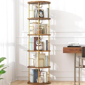 5Tier Rotating Bookshelf, 360 Display Stackable Spinning Bookshelf Tower,Round Space Saving Tall Floor Standing Swivel Bookcase Corner Storage Organizer for Bedroom/Living Room/OfficeGold