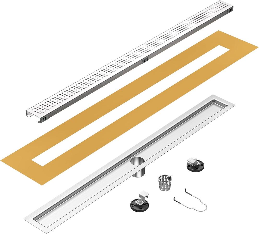36 inch Linear Shower Drain with Square Hole Pattern Grate Cover, Brushed 304 Stainless Steel Bonding Flange Linear Drain, Low Profile Linear Shower Drain with Hair Strainer